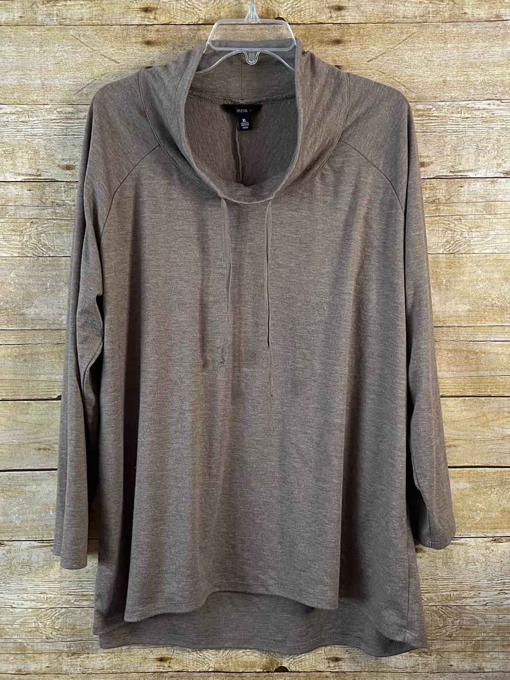 intro. Taupe Cozy Cowl Pullover Drawstring Tunic Top Raglan EUC Size XL